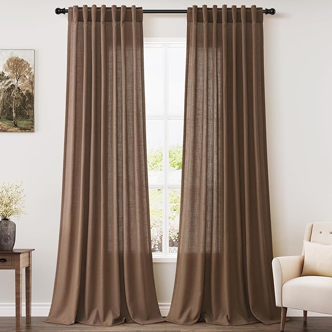 Caramel Brown Linen Curtains for Living Room 94 Inches Long Back Tab and Rod by Nanspring