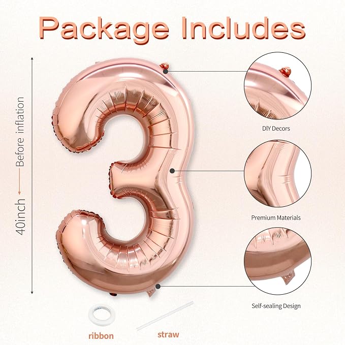 40 Inch Rose Gold Number 3 Balloon, Giant Number Balloons, Birthday Decor | - Image 3