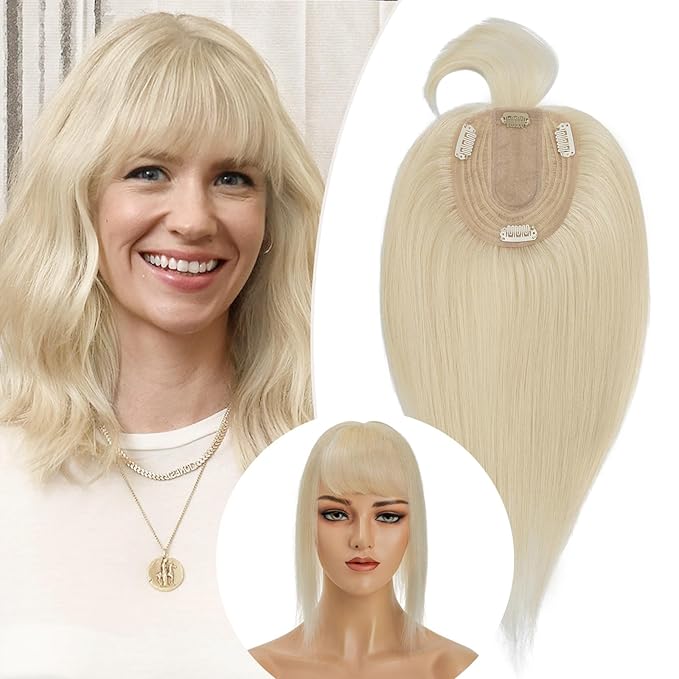 Rich Choices Real Human Hair Toppers for Women With Bang 100% Remy Human Hair Topper for Thinning Hair Clip in Silk Base Hair Topper 16 Inch #60 Platinum Blonde