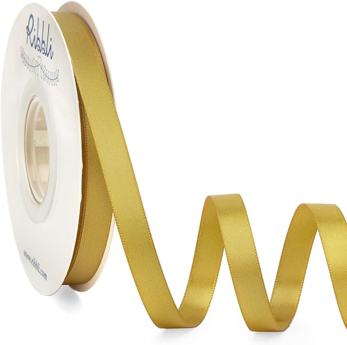 Ribbli Double Faced Gold Satin Ribbon, 3/8” x Continuous 25 Yards, Use by Ribbli