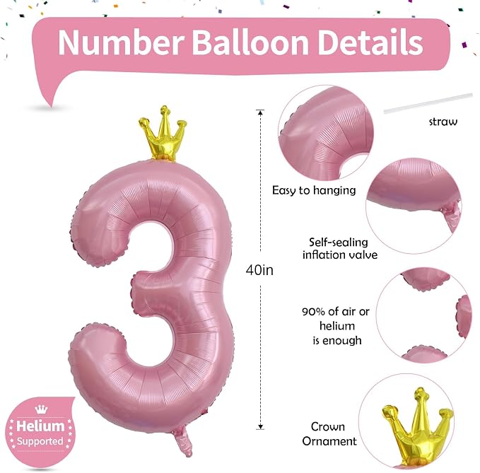 3rd Birthday Number Balloons for Girls, 40 Inch Light Pink Foil Number Balloons - Image 2