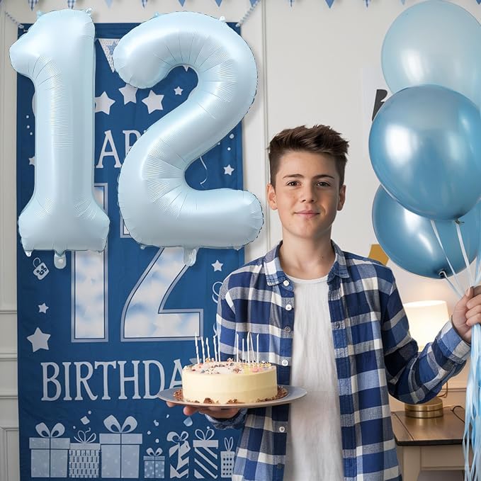Foil 12 Balloon, Light Matte Sky Blue Big Number 12 Balloons - Image 3