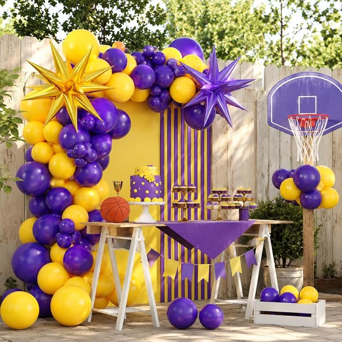 Purple and Yellow Balloon Arch Kit, Basketball Balloons - Image 6