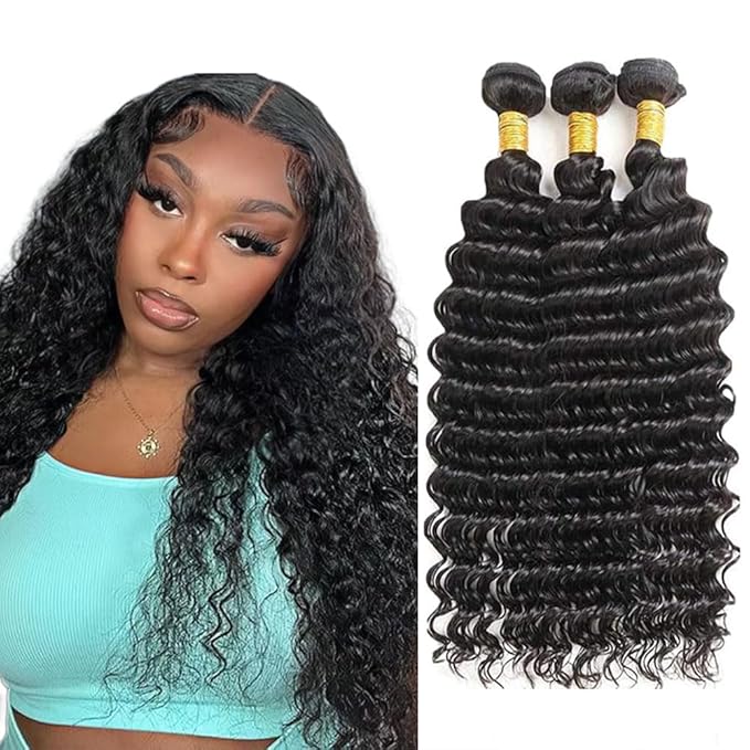 26 28 30 Inch Deep Wave Bundles Human Hair Color 1B Bundles Brazilian Virgin Soft and Silky Remy Hair Extensions Niegmeag Double Weft Natural Black Deep Wave Bundle 300g