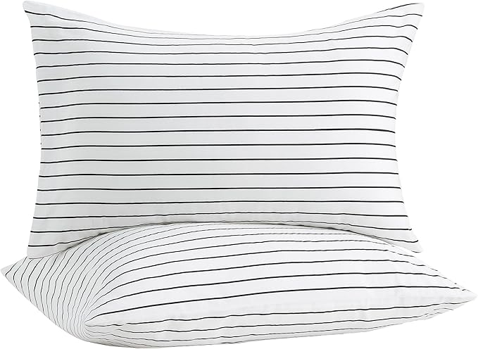 JELLYMONI 100% Natural Cotton Striped King Pillowcases Set, 2 Pack White with Thin Black Stripes Pattern Printed Pillow Covers with Envelope Closure (Pillows are not Included)