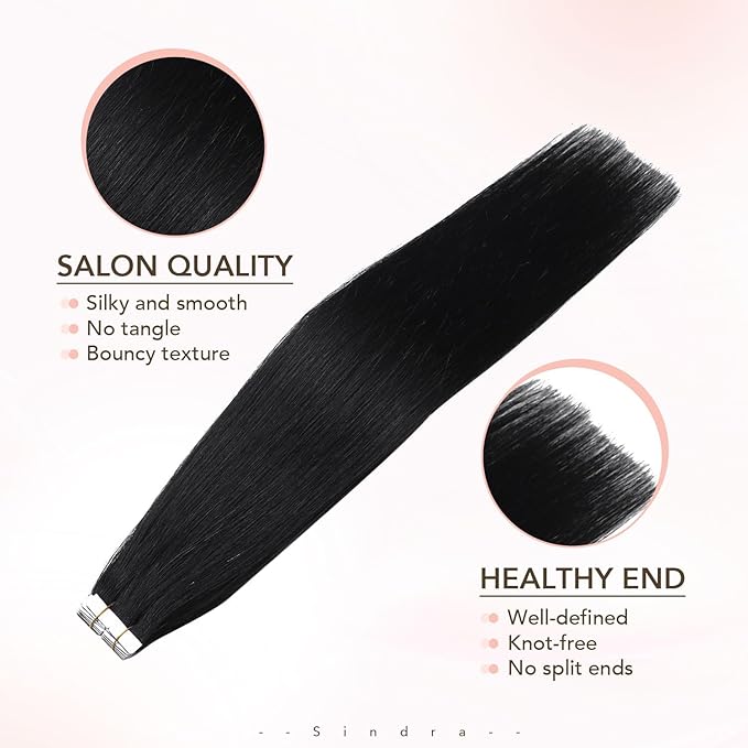 Sindra Invisi Edge Tape in Human Hair Extensions, Jet Black Invisible Seamless Hair Tape in Extensions 22 Inch 20pcs 60g/pack