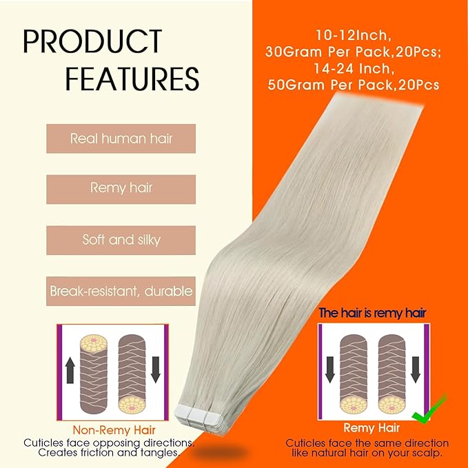 Full Shine Blonde Tape in Hair Extensions Human Hair White Blonde Remy Tape Extensions Human Hair Invisible Skin Weft 14Inch Cuticles Aligned Travel Friendly Styling 50G 20Pcs