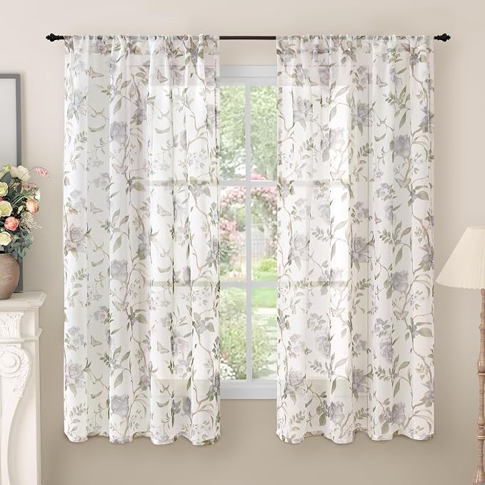Floral Sheer Curtains for Bedroom Window 63 Inch Length 2 Panels, Farmhouse by Lajode