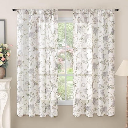 Floral Sheer Curtains for Bedroom Window 63 Inch Length 2 Panels, Farmhouse by Lajode