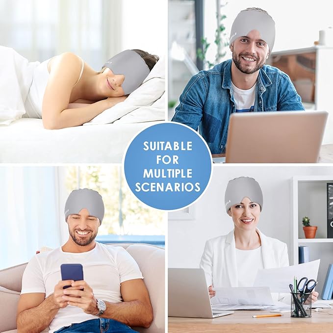 Cold Head Hat – Cooling Ice Cap Ice Pack Mask with Flexible Hot and Cold - Grey