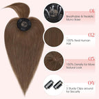 Hairro Mono Hair Toppers with Bangs, 3.4" x 3.4" Mono Base 100% Real Human Hairpieces for Women, 150% Density Clips In Topper for Greyish Thinning Hair, 12 Inch Medium Brown