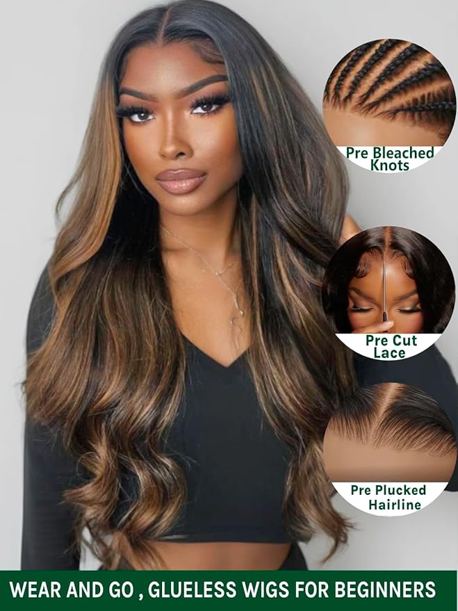 KLAIYI Bye Bye Knots Glueless Ombre Brown Body Wave Pre Cut 7x5 Lace Front Wigs Human Hair Drawstring Pre Plucked Bleached Pre Everything Ready to Wear and Go Wig Highlight Balayage Colored Wig 22Inch
