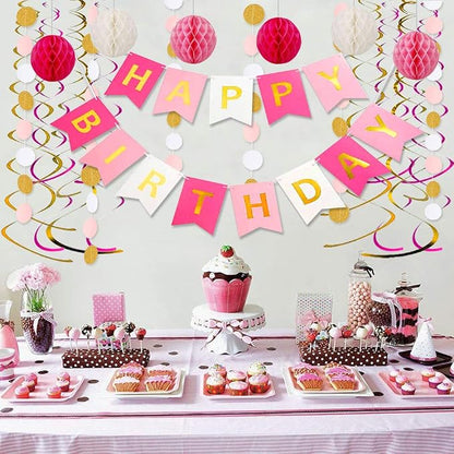 Pink Birthday Decorations with Happy Birthday Banner, Paper Honeycomb Balls - Image 2