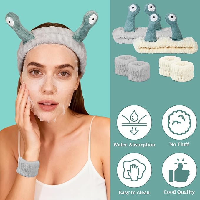 Snail Face Wash Headband Skincare & Wrist Bands for Washing Face Set Cute Spa Headband for Women and Wrist Faces Wash Bands for Shower, Facial Cleaning, Soft Coral Fleece Makeup Headbands,Beige & Grey