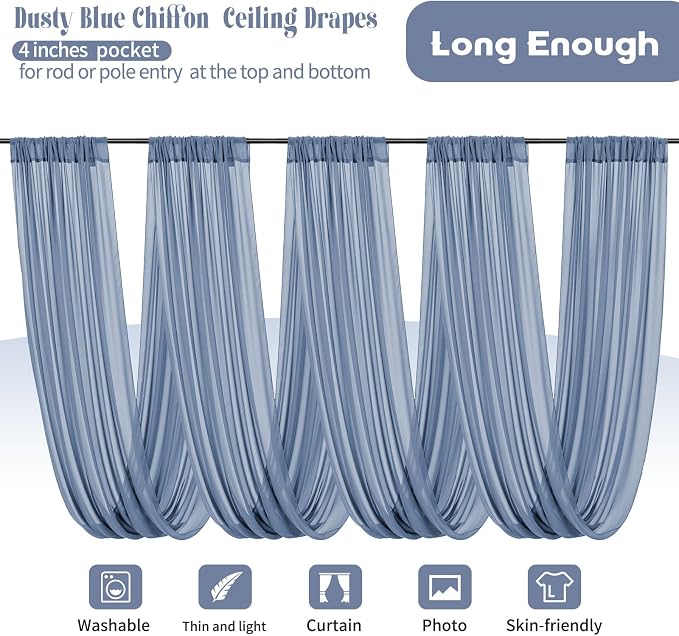 Showgeous 6 Panels Dusty Blue Ceiling Drapes, Polyester Fabric, Solid Pattern - Image 3