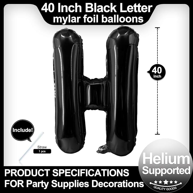 40 Inch Black Letter H Balloons, DIY Phrase Foil Alphabet Letter H Balloons DIY - Image 2