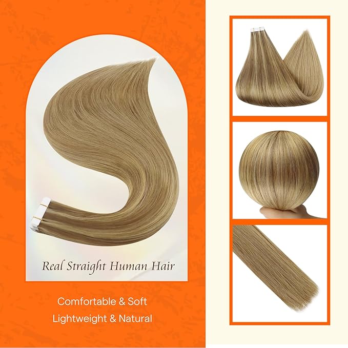 Full Shine Tape in Hair Extensions Human Hair Color 10 Golden Brown and 16 Golden Blonde to 16 Blonde Remy Seamless Tape in Extensions 18 Inch Hair Extensions Real Human Hair 50 Grams 20 PCS