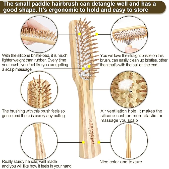 Bamboo Hair Brush Comb Set for Women Men, Wood Bristle Paddle Detangling Brush, Wide Tooth Comb for Curly Wavy Thick Thin Wet Dry Hair, Brush Cleaning Tool Included - 4 Pack