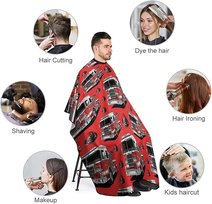 Full Coverage Hair Cutting Cape, Hairdressing Apron Cute Red Fire Trucks Print Hair Cutting Gown for Makeup Artist Beautician