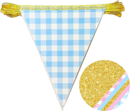 Pink and Blue Buffalo Plaid Gold Party Decorations Pennant Banner Flag Hanging - Image 3
