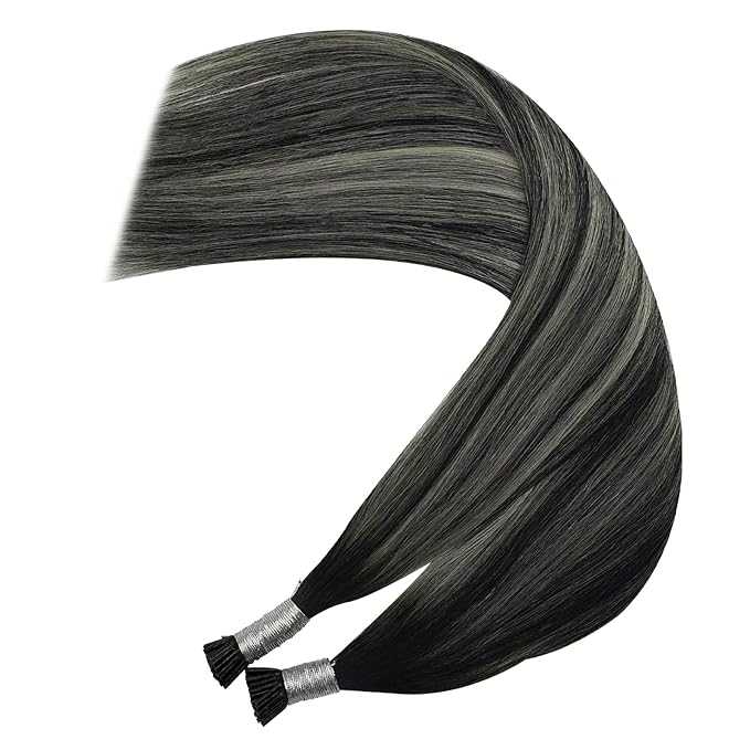 YoungSee I Tip Hair Extensions Human Hair Ombre Black 16 Inch I Tip Hair Extensions Human Hair Balayage Black with Silver Itip Hair Extension 80s 50g Itips Hair Extensions Real Human Hair for Women