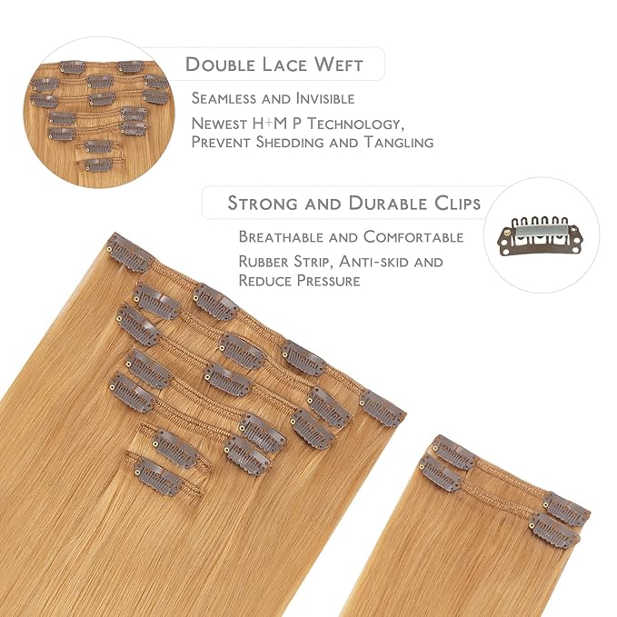 WENNALIFE Clip in Hair Extensions Real Human Hair, 16 Inch 150g 9pcs Human Hair Extensions Clip In, Strawberry Blonde Hair Extensions Clip In Real Hair Coloured Remy Human Hair Extensions
