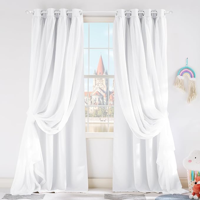 PONY DANCE White Curtains, 52 W by 84 L, Pure White, 2 Pieces | Double Layer by PONYDANCE