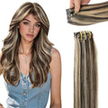 Moresoo Genius Clip in Hair Extensions Human Hair Highlight Brown with Blonde Hair Extensions Clip in Dark Brown Caramel Blonde Seamless Pu Skin with Silicone-Lined Clips for Party 130g 7pcs 22in