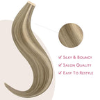 WENNALIFE Tape in Hair Extensions Human Hair Ash Brown with Platinum Blonde Highlights Tape in Extensions, 10pcs 20g 12 inch Remy Invisible Tape Ins Straight Colored Soft Refill Set