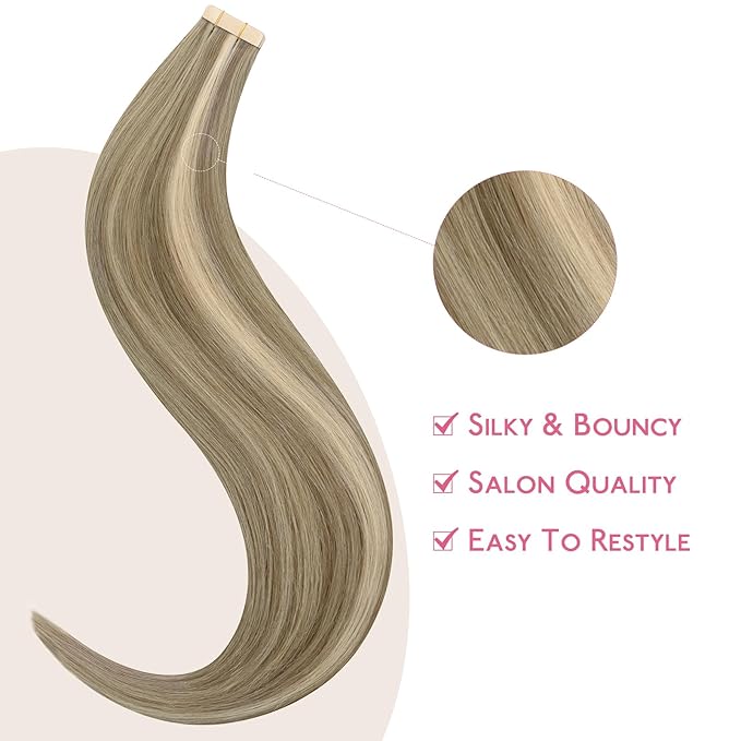 WENNALIFE Tape in Hair Extensions Human Hair Ash Brown with Platinum Blonde Highlights Tape in Extensions, 10pcs 30g 22 inch Remy Invisible Tape Ins Straight Colored Soft Refill Set