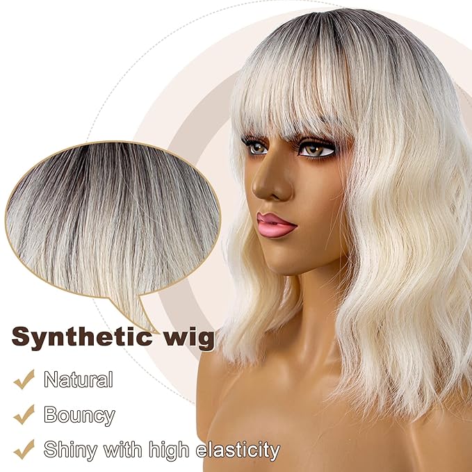 Short Bob Wigs with Bangs for Women Loose Wavy Wig Curly Wavy Shoulder Length Bob Synthetic Cosplay Wig for Girl Colorful Costume Wigs (Light Blonde Ombre)
