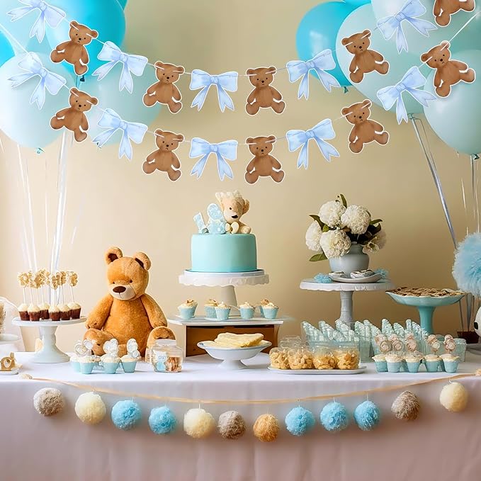 2 Pcs Blue We Can Bearly Wait Banner 6.56 ft Bear Theme Baby Shower Decorations - Image 3