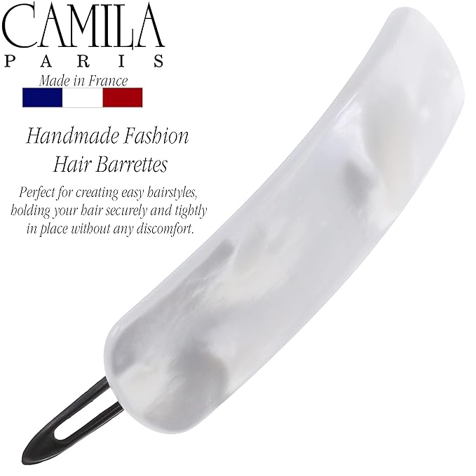 Camila Paris CP3361 French Hair Barrette Clip for Girls, Handmade, White, Metal-Free Closure Strong Hold Grip Hair Clips for Women, No Slip and Durable Styling Girls Hair Accessories, Made in France