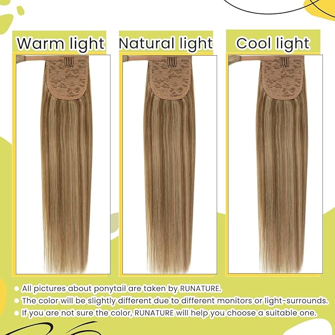 RUNATURE Hair Ponytail Extension Blonde Straight Human Hair Ponytail Extension 16 Inch Dark Blonde with Caramel Blonde Short Ponytail Human Hair Extension with Magic Paste Full Ends 80g