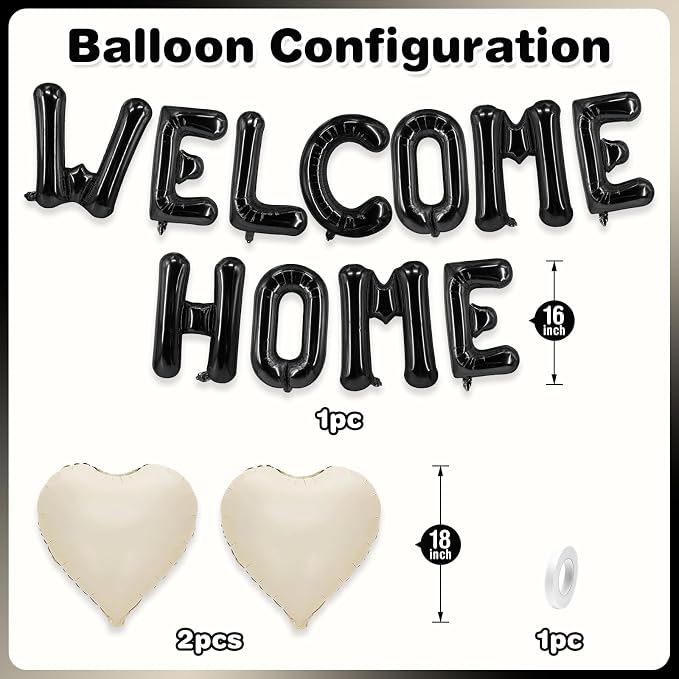 Welcome Home Balloons Cream White Black, 16Inch Welcome Home Foil Balloons - Image 2