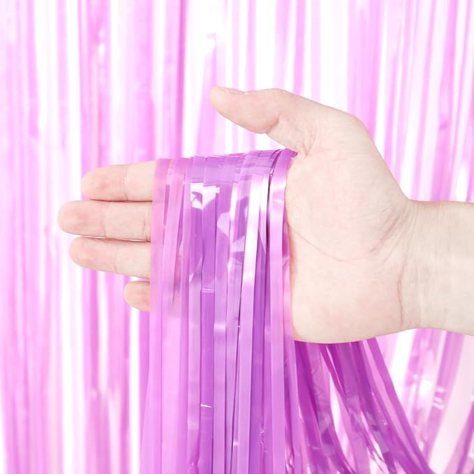 Voircoloria Pastel Purple Foil Fringe Backdrop Curtains, 3 Pack | Tinsel - Image 2