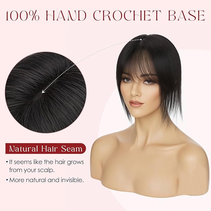 Human Hair Topper with Bangs for Women, 360° Cover Clip in Fringe Bangs Hair Toppers Hair Piece Natural Black-3.15x4.33 Hand-tied Base (Natural Black)