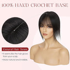 Human Hair Topper with Bangs for Women, 360° Cover Clip in Fringe Bangs Hair Toppers Hair Piece Natural Black-3.15x4.33 Hand-tied Base (Natural Black)