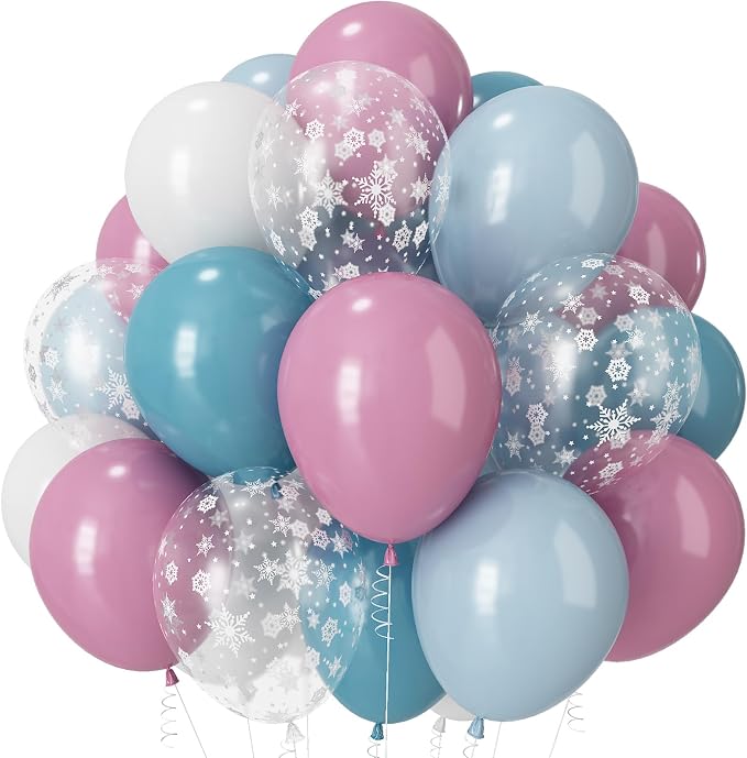Pink and Blue Snowflake Balloons, 12 Inch Winter Wonderland Dusty Pink Light by Paeyeq
