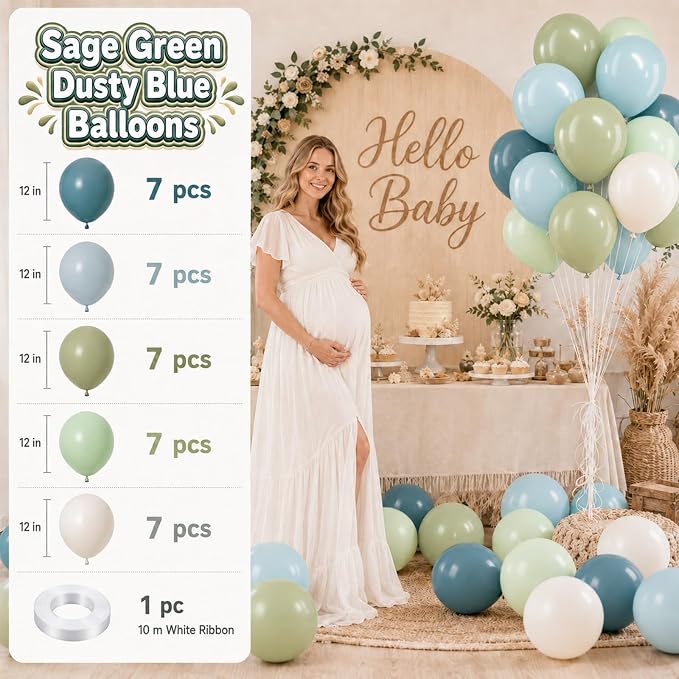 Boho Blue Green balloons, 12 Inch Sage Green Dusty Blue and Sand White Latex - Image 2