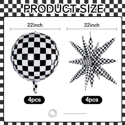 TONIFUL 8Pcs 22Inch Black Checkered Large 4D Giant Round and Star Balloons - Image 2