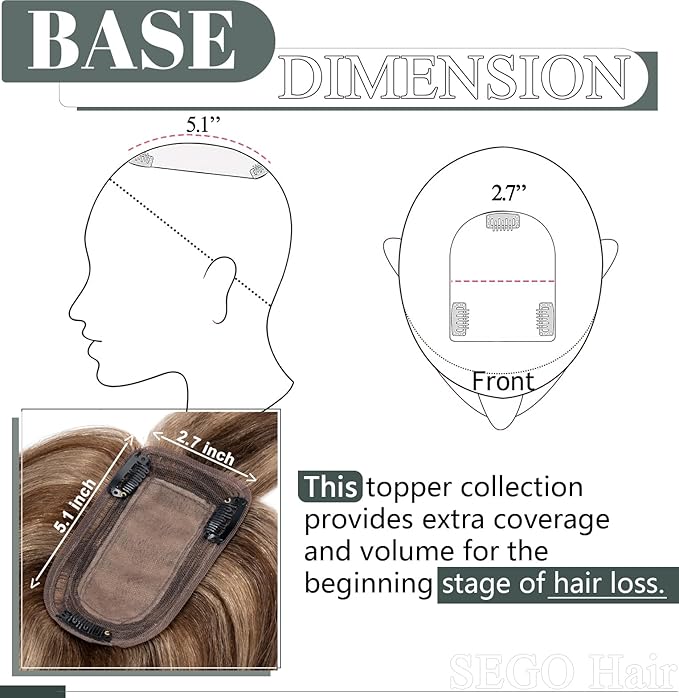 SEGO Hair Toppers for Women Real Human Hair with Thinning, with Front Bangs Clip in Toppers Straight 150% Density Silk Base -16 Inch #4/27 Medium Brown Mix Dark Blonde