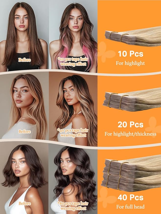 DOORES Tape in Hair Extensions, Drity Blonde Mixed Platinum Blonde 20pcs 50g 14 Inch, Seamless Straight Real Human Hair