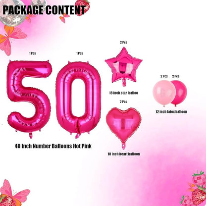 40 Inch Number Balloon Hot Pink 50 Set Pink Theme 50th Birthday Decor 10Pcs | - Image 2