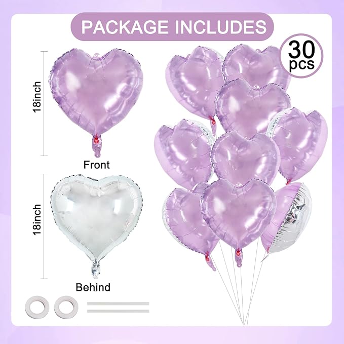 TONIFUL 30 Pcs Clear Lilac Heart Balloons 18 Inch Heart Shape Foil Balloon | - Image 2
