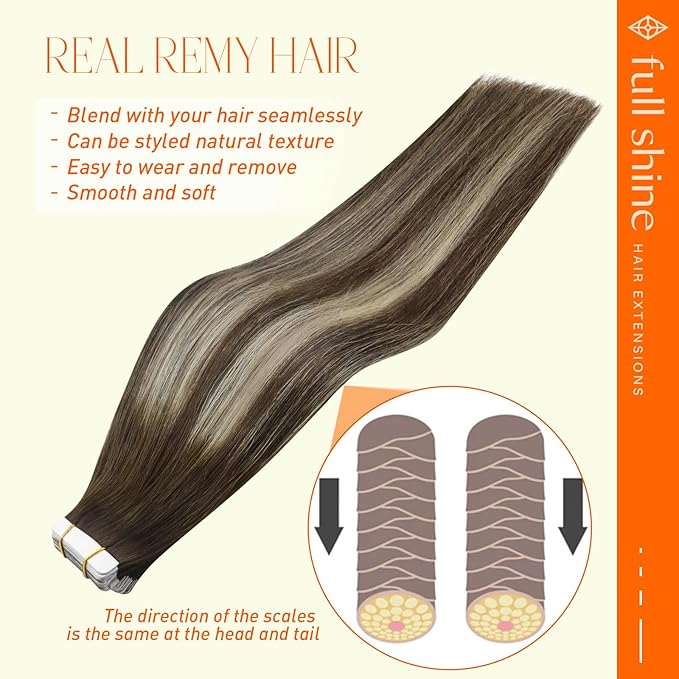 Full Shine Human Hair Extensions Tape in Color 2 Dark Brown Fading to 60 Blonde And Brown Tape in Hair Extensions Real Human Hair 18 Inch Seamless Remy Extensions Double Sided 50Gram 20Pcs