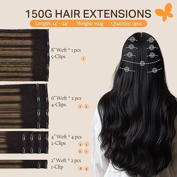 DOORES Real Human Hair Extensions, Balayage Natural Black to Chestnut Brown 18 Inch 150g 9pcs, Clip in Straight Thick
