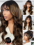 KLAIYI Ombre Brown Loose Body Wave Pre Everything Glueless 13x4 HD Lace Front Human Hair Wig with Natural Bang Highlight Balayage Brown Precut Lace Pre Plucked Bye Bye Knots Drawstring Wig 180% 22Inch