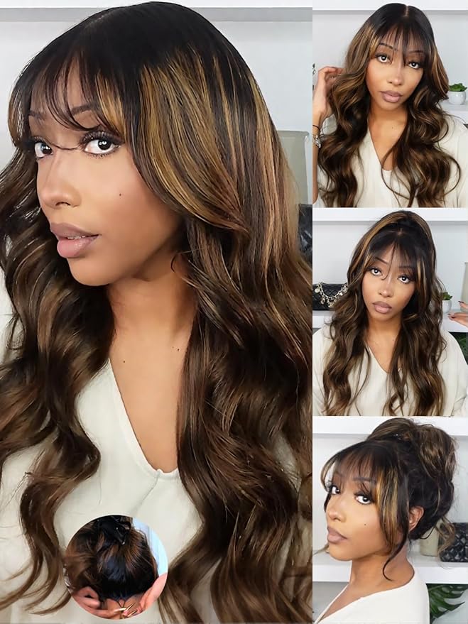 KLAIYI Ombre Brown Loose Body Wave Pre Everything Glueless 13x4 HD Lace Front Human Hair Wig with Natural Bang Highlight Balayage Brown Precut Lace Pre Plucked Bye Bye Knots Drawstring Wig 180% 26Inch
