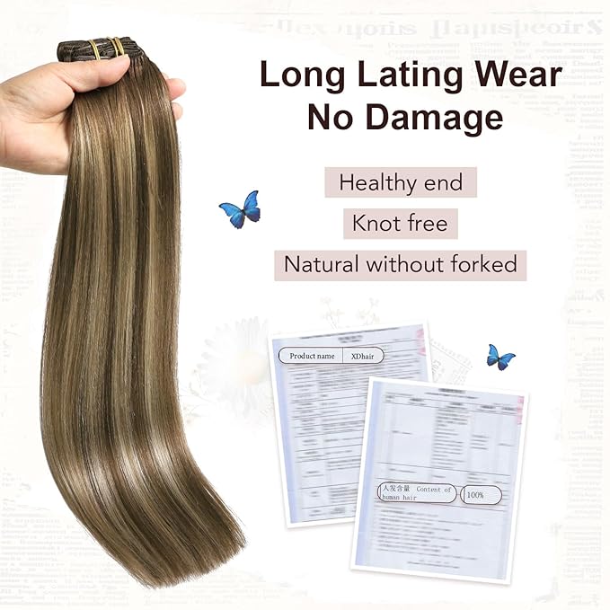 XDhair Clip in Hair Extensions Human Hair 100g 16 Inch Chocolate Brown to Caramel Blonde Real Human Hair Clip in Extensions Straight Soft Natural 6pcs (16inch, #4/27/4)